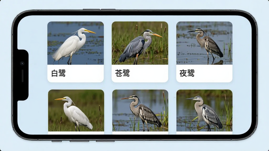 �ֻ���ĻչʾBirdilens������ͼ��ҳ�棬��Ļ�������Ŷ�������Ŀ�Ƭ��ÿ�ſ�Ƭ����������Ƭ�����ƣ��硰���ء������ء���ҹ�ء����������Ϊ���񲼾֣������ǵ���ɫ������Լ�ִ������ʸɾ������������ɼ����޶���Ԫ��