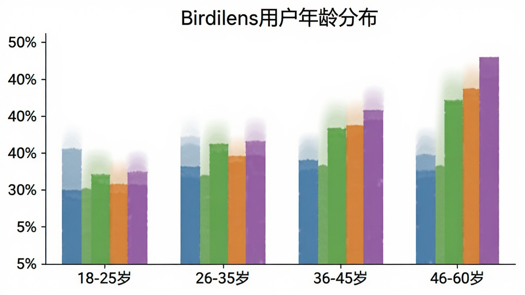 һ����״ͼչʾBirdilens�û�����ֲ�������Ϊ����Ρ�18-25�ꡱ��26-35�ꡱ��36-45�ꡱ��46-60�ꡱ������Ϊ�û�ռ�Ȱٷֱȣ���״��ɫ�ֱ�Ϊ��ɫ����ɫ����ɫ����ɫ��ͼ������Ϊ��Birdilens�û�����ֲ���������Ϊ��ɫ������࣬�����������޶���Ԫ��