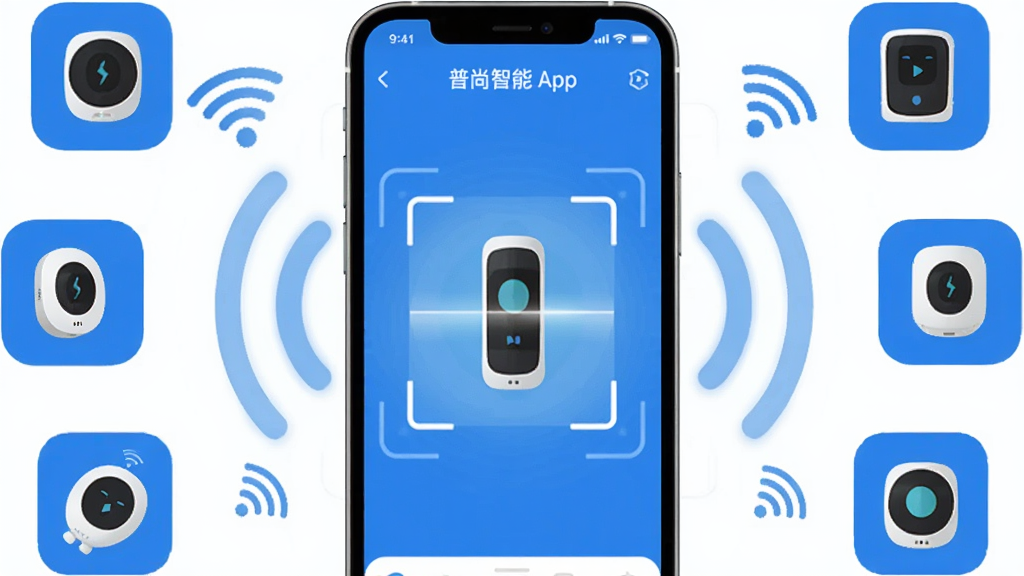 һ��չʾ��������App���豸���ӹ��ܵ�ͼƬ������Ϊ�ֻ���Ļ��д����Ļ����ʾ�豸ɨ����棬��Χ�������źŲ��ƺ�WiFi�ź�ͼ��������ɢ����������豸ͼ��Χ���ֻ����У���������ɫ�Ͱ�ɫΪ��ɫ�����������������Ƽ��б�ƽ��������ɾ����޶���Ԫ�أ��߻���