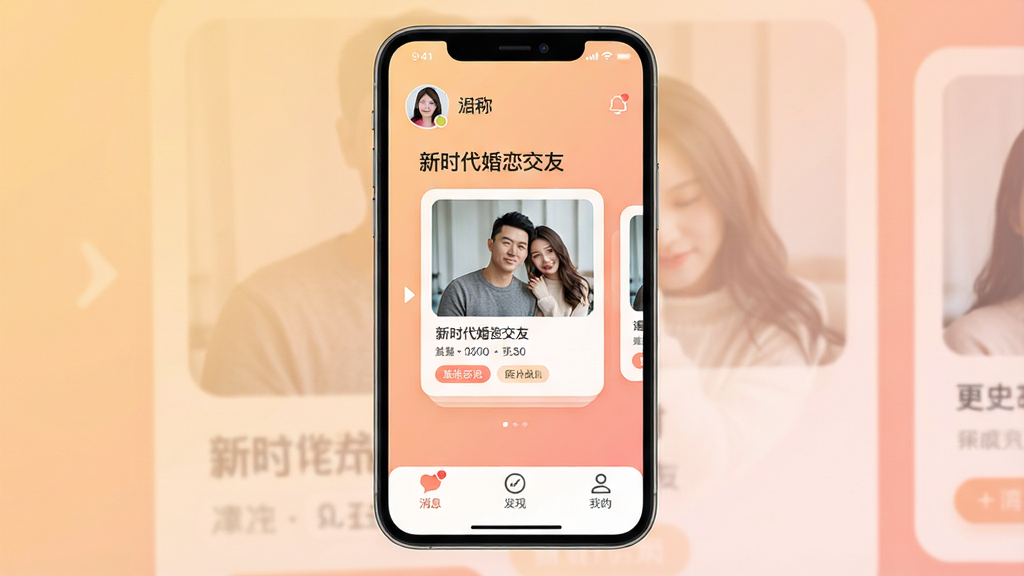 һ���ֻ���Ļչʾ���棬���������ǡ���ʱ���������ѡ�App����ҳ����������͵�ůɫ�����䣬ҳ�涥����ʾ�û�ͷ����ǳƣ��м��ǻ���ƥ�俨Ƭ���򣬿�Ƭ����������������Ƭ�ͻ������ϱ�ǩ���ײ�����Ϣ�����֡��ҵ��������ͼ�굼���������岼�ָɾ���ˬ������ִ���ƽ����ϸ��Բ�󣬻��������޶���Ԫ��
