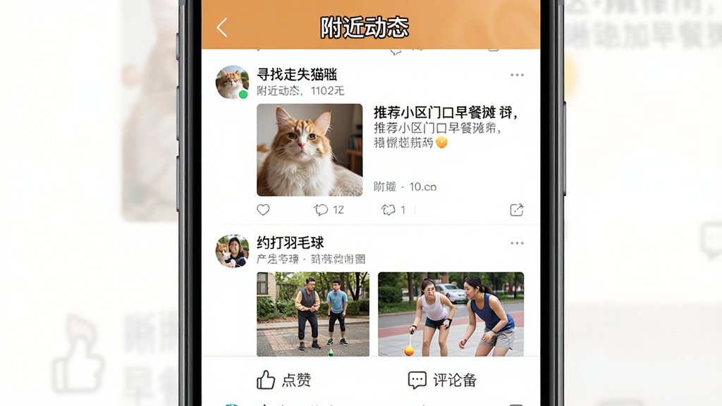 ��ͼ��ʾ�ʣ�һ�š���������Ȧ��App�ĸ�����̬�����ͼ������Ϊ�ֻ���Ļ�������Ƕ�����ʾ��������̬�����⣬�м��Ǽ����û�������ͼ�����ӣ�����Ѱ����ʧè�䡢�Ƽ�С���ſ����̯��Լ����ë������ݣ��ײ��ǵ��޺����۰�ť�������ܰ�����ϸ�����������ʸɾ����޶���Ԫ�ء�