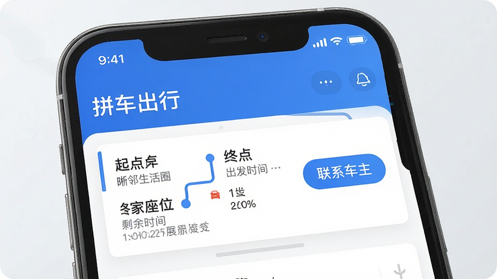 ��ͼ��ʾ�ʣ�һ�š���������Ȧ��App��ƴ�����а������ͼ������Ϊ�ֻ���Ļ�������Ƕ�����ʾ��ƴ�����С����⣬�м�չʾһ��ƴ��·����Ϣ��������㡢�յ㡢����ʱ���ʣ����λ���Ա��С���ϵ��������ť������ִ���࣬ϸ�����������ʸɾ����޶���Ԫ�ء�