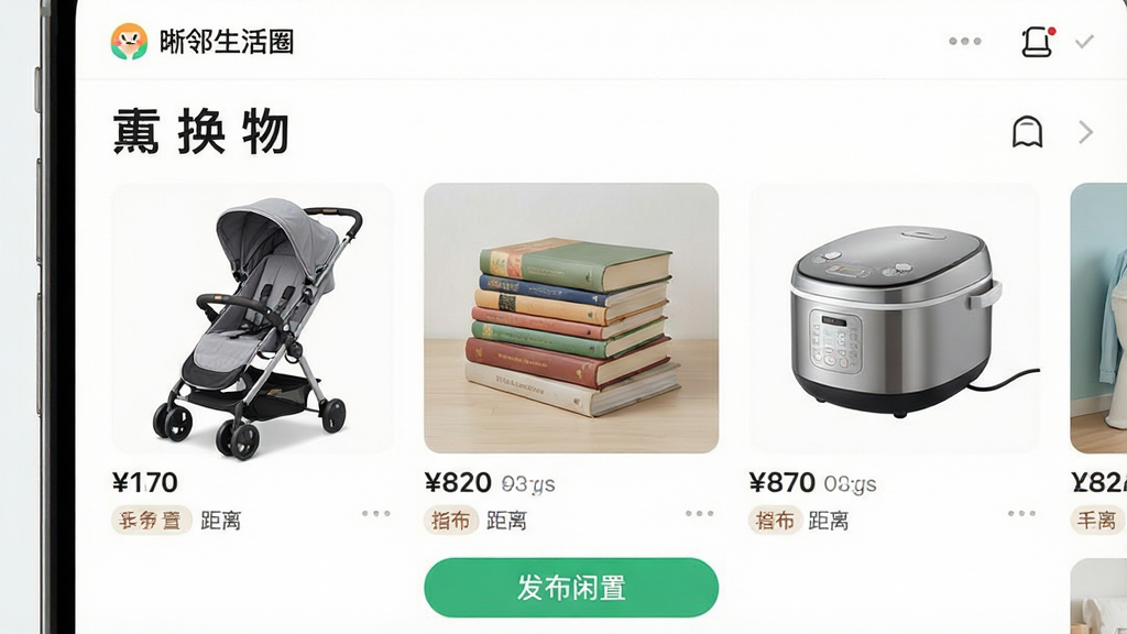 ��ͼ��ʾ�ʣ�һ�š���������Ȧ��App�Ķ������ð������ͼ������Ϊ�ֻ���Ļ�������Ƕ�����ʾ�����û�����⣬�м�չʾ����������Ʒ������ͼ������Ӥ���Ƴ���һ���顢С�͵緹�ң�ÿ����Ʒ�·��м۸�;����ǩ���ײ��ǡ��������á���ť����������죬ϸ�����������ʸɾ����޶���Ԫ�ء�