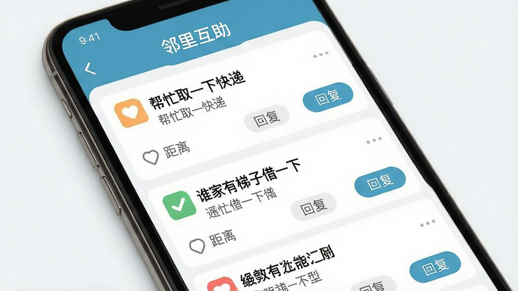 ��ͼ��ʾ�ʣ�һ�š���������Ȧ��App�����ﻥ���������ͼ������Ϊ�ֻ���Ļ�������Ƕ�����ʾ�����ﻥ�������⣬�м��Ǽ��������Ͱ�æ�����ӣ����硰��æȡһ�¿�ݡ�����˭�������ӽ�һ�¡���ÿ�������·��о���ͻظ���ť����������Ѻã�ϸ�����������ʸɾ����޶���Ԫ�ء�