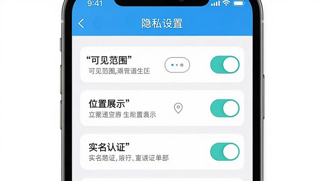 ��ͼ��ʾ�ʣ�һ�š���������Ȧ��App����˽���ý����ͼ������Ϊ�ֻ���Ļ�������Ƕ�����ʾ����˽���á����⣬�м��Ǽ�������ѡ��������ɼ���Χ������λ��չʾ������ʵ����֤���ȣ�ÿ��ѡ�����м��˵�����֡����������ȫ��ϸ����ȷ�����ʸɾ����޶���Ԫ�ء�