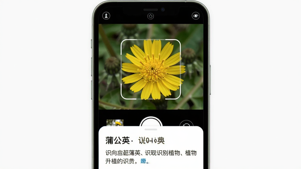 һ��չʾʶ��App����ʶ��ֲ����̵�ʾ��ͼ���ֻ���Ļ��ʾһ���ɫС������д������Խ����������䣬��Ļ�·��������ѹ�Ӣ����ʶ�����Լ�һ�μ�̽������֣����廭���������£�����Լ�ִ������ʸɾ��޶���Ԫ�ء�
