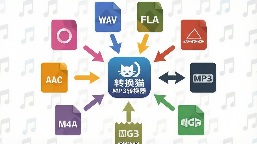 һ��չʾ���ʽ��ת���ܵ�ͼ�������������ǡ�ת��èMP3ת��������ͼ�꣬��Χ������MP3��WAV��FLAC��AAC��M4A��OGG�ȸ�ʽ�Ĳ�ɫͼ�꣬��ͷ�Ӹ�����ʽָ������ͼ�꣬�ٴ�����ָ��MP3ͼ�꣬���ֳʷ���״������ִ���ƽ�����ʸɾ����޶���Ԫ��