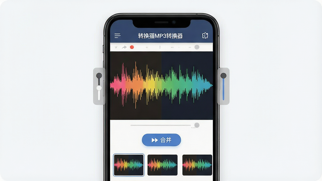 һ��չʾ��Ƶ�ü���ϲ����ܵĽ���ͼ�������������ֻ���Ļ����Ļ����ʾ��ת��èMP3ת����������Ƶ�༭���棬�м��ǲ�ɫ����Ƶ����ͼ�������п���ק�Ĳü����飬�·��кϲ���ť�Ͷ����ƵƬ������ͼ��������࣬����ִ���ƽ�����ʸɾ����޶���Ԫ��