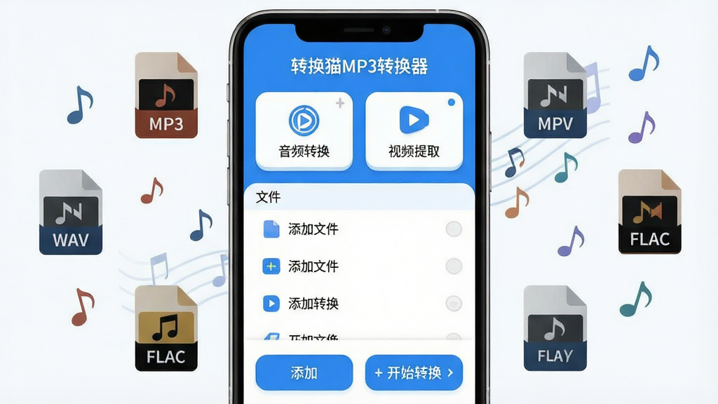 һ���ֻ�Ӧ�ý���չʾͼ�������������������ֻ���Ļ����Ļ����ʾ��ת��èMP3ת�������������棬������ü���������ɫ����������Ƶת������Ƶ��ȡ������ť���м����ļ��б����򣬵ײ��������ļ��Ϳ�ʼת���Ĺ���������Χ������MP3��WAV��FLAC����Ƶ��ʽͼ����������ţ����岼������������ִ���ƽ��ϸ��Բ�󣬻��ʸɾ����޶���Ԫ��