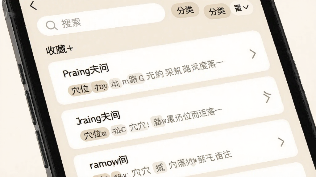 ѭ������ѧϰ�ʼǽ��棬�ֻ���Ļ��ʾ�ղؼ��б���ÿ���ʼǰ���Ѩλ���ơ���ǩ�ͼ�̱�ע��������������ͷ���ɸѡ��ť������Ϊ����ɫ����Ƭʽ���֣���������£����ʸɾ��޶���Ԫ�ء�