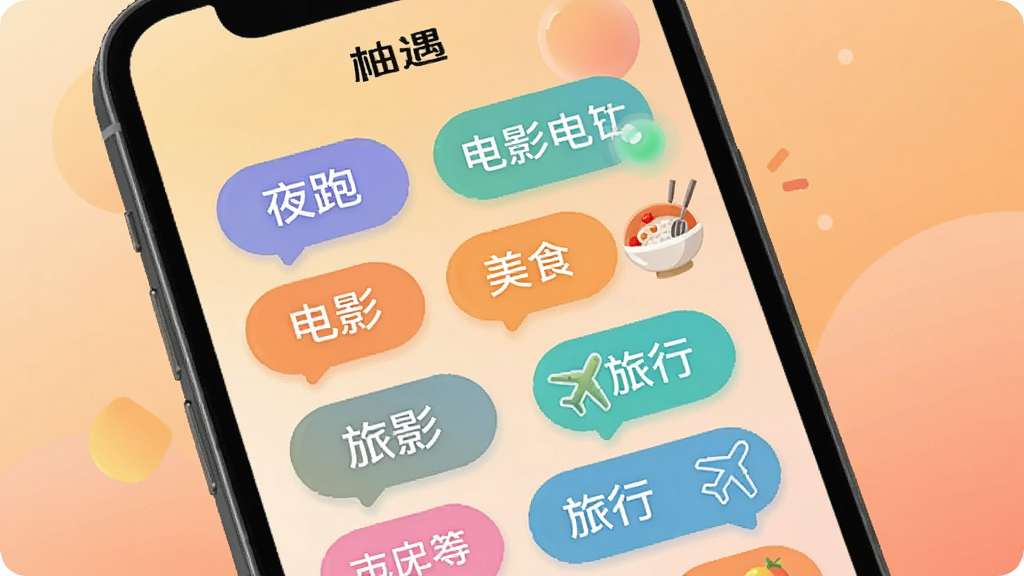 һ��չʾ��������App��Ȥ��ǩѡ������ͼƬ���������ֻ���Ļ��ʾ�Ÿ�����Ȥ��ǩ�硰ҹ�ܡ�������Ӱ��������ʳ���������С��ȣ���ǩ�Բ�ɫ������ʽ���У�����Ϊ��͵Ľ���ůɫ��������������ִ��������������޶���Ԫ�ء�