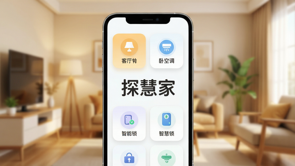 һ��չʾ��̽�ۼҡ�App����ȫò��ͼƬ��������һ���ִ���Լ�����ֻ����棬����������ʾ�š�̽�ۼҡ������֣������ϣ��ֻ���Ļ���Կ�Ƭʽ�����ſ����ƹ⡢���ҿյ��������������豸״̬ͼ�꣬�Ű�����������Ǹɾ������ı�ƽ����ƣ�ϸ����ͼ��Բ�󣬱�������ܰ�ľӼһ����黯�����ʸ��壬�ɾ����޶���Ԫ�ء�