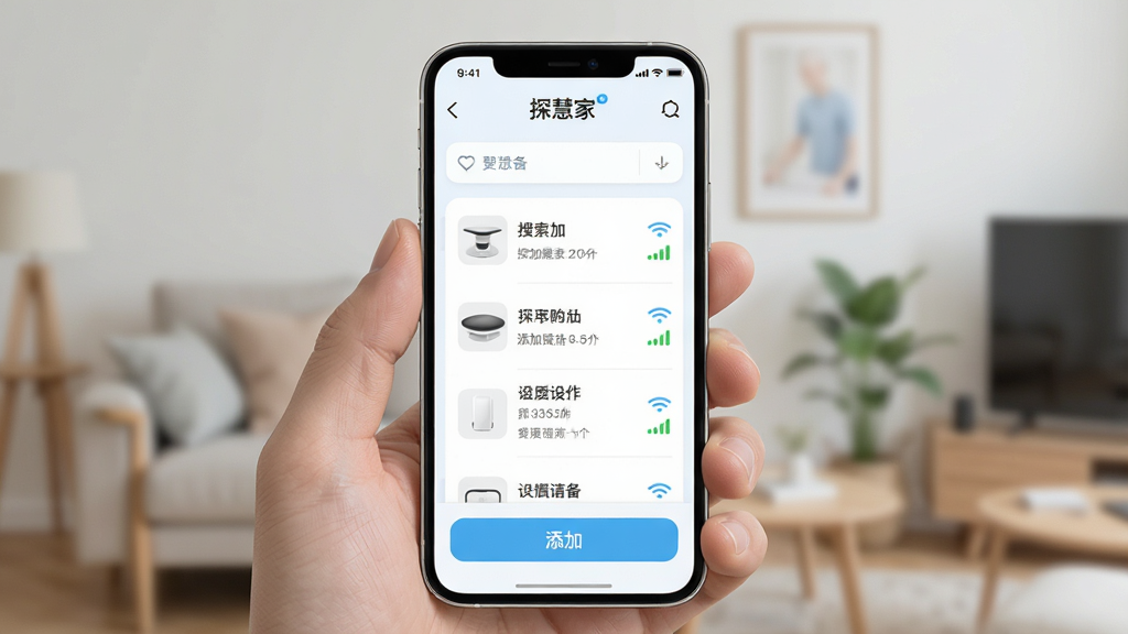 һ��չʾ��̽�ۼҡ�App���ֻ��������豸���̵�ͼƬ���������ֻ���Ļ�������ϣ���Ļ������ʾ�����������豸�б��͡����ӡ���ť���Ű��࣬���������ʽ��ǳɫ���棬ϸ�����豸ͼ����ź�ǿ���������ɼ������ʸɾ����޶���Ԫ�ء�