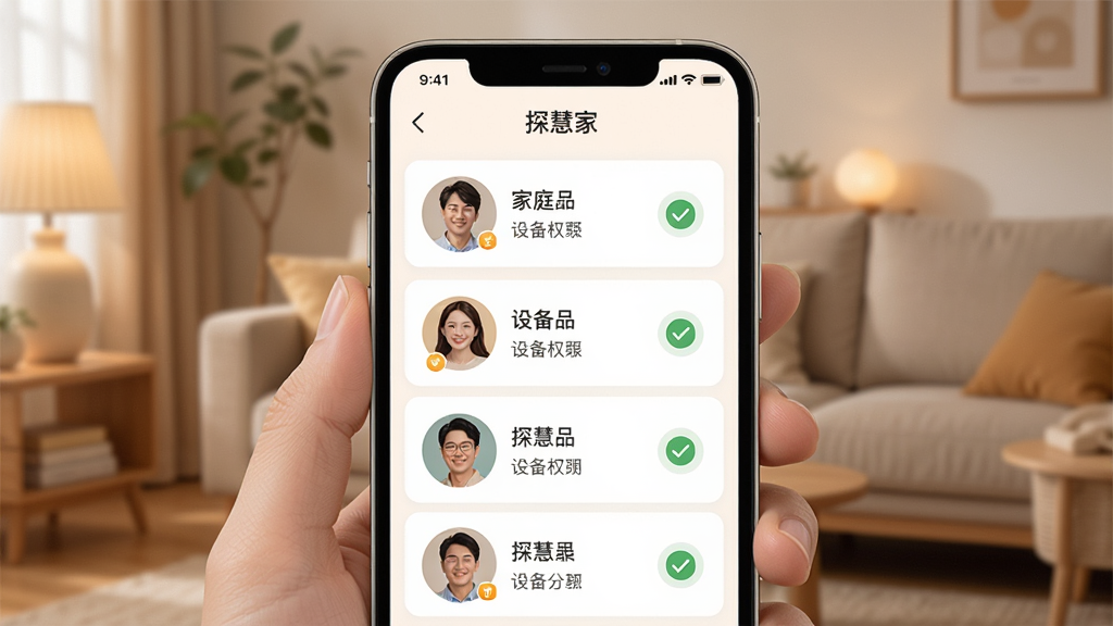 һ��չʾ��̽�ۼҡ�App�豸���������ͼƬ���������ֻ���Ļ�������ϣ���Ļ����ʾ�ż�ͥ��Ա��ͷ��Ͷ�Ӧ���豸Ȩ���б����Ű��������������ܰ�ľӼҷ��ϸ����ͷ���Ȩ��ͼ����ȷ�����ʸɾ����޶���Ԫ�ء�