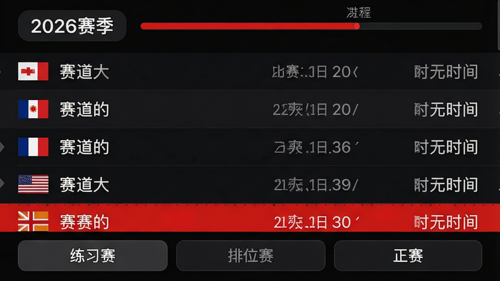 һ�š�F1���̡�Ӧ����ҳ��ͼ������չʾ2026�������������б���ÿ�а�����վ����ͼ�ꡢ�������ơ��������ںͱ���ʱ�䣬�б������С�2026��������ǩ���������������ײ��С���ϰ��������λ����������������ɸѡ��ť�����������ɫģʽ����ɫ������ǰ�����еı�����ĩ������ƽ�����������������ʸɾ��޶���Ԫ��