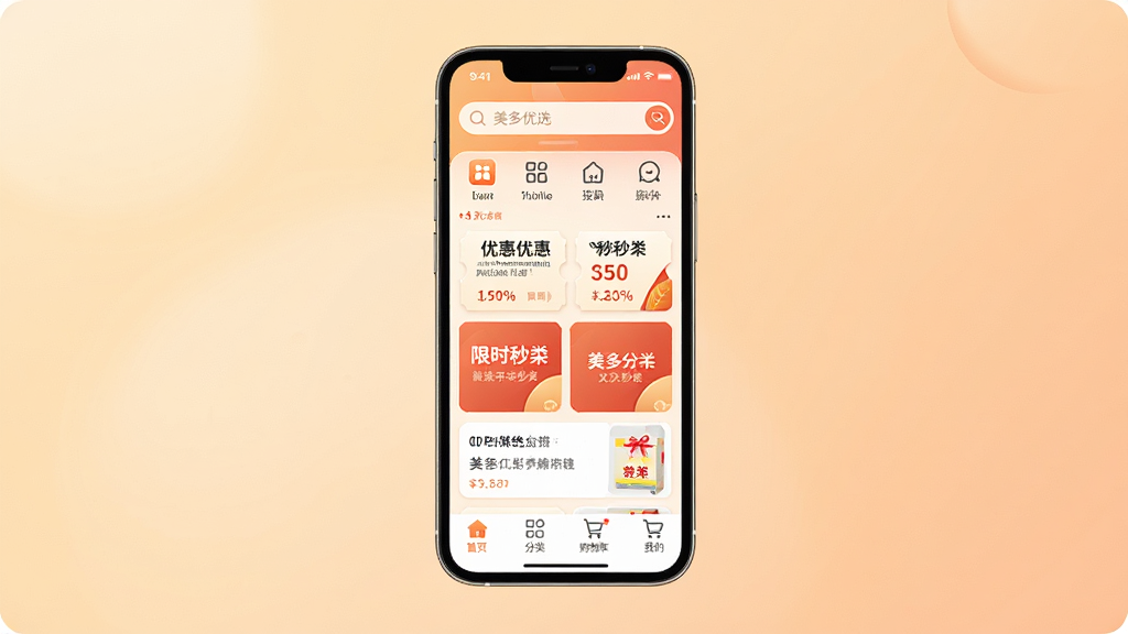 ������ѡ App ������չʾͼ������������һ�������ֻ�����Ļ��ʾ������ѡ��ҳ��������������ͷ���ͼ�꣬�м�λ����Ŀ��չʾ�Ÿ�����Ʒ�Ż�ȯ����ʱ��ɱ��Ƭ���ײ�������������ʾ��ҳ�����ࡢ���ﳵ���ҵ��ĸ�ѡ���������͵�ůɫ�����䣬����ִ���Լ��ͼ��Բ�󣬻��������ɾ����޶���Ԫ�ء�