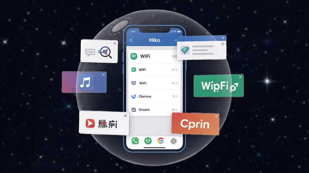 һ��չʾHiko�޹�洿��ģʽ�Ĳ廭��������һ���ֻ���ĻƯ����̫���У���Ļ��Χ��һȦ͸���ı����֣��Ѹ��ֹ��ͼ�꣨�絯����������������棬�ֻ���Ļ����ʾ����ˬ��WiFi�б���������������ǿգ����ɾ���Լ�����������޶���Ԫ�ء�