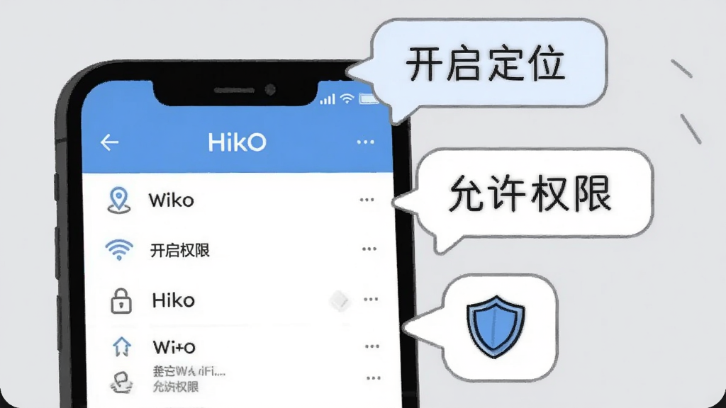 һ��չʾHikoʹ�ü��ɵĲ廭��������һ���ֻ���Ļ��ʾHiko��WiFi�б�����Ļ�Ա�Ư���ż�����ʾ���ݣ�һ������д�š�������λ����һ������д�š�����Ȩ�ޡ���һ�����ݻ��Ŷ���ͼ�꣬������ǳ��ɫ����������ˣ�����������
