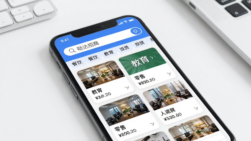 һ��չʾ�մ�����APP��������Ŀ�б������ͼƬ�������������ֻ���Ļ����Ļ����ʾ���մ����̡����������ͷ����ǩ���·��ǲ��������������۵Ȳ�ͬ��ҵ����Ŀ��Ƭ����Ƭ������Ŀ���ƺ�Ͷ�ʽ������Ǹɾ��İ�ɫ�칫���棬��������񣬻����������޶���Ԫ�ء�
