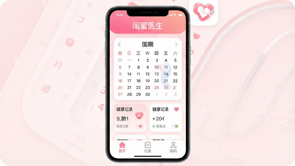 һ���ֻ���Ļչʾ�����ͼ�����������ǡ�����ҽ����App�������棬������ʾ��ɫ���������д�š�����ҽ�������м�������������ͼ�ͽ�����¼��Ƭ���ײ��������С���ҳ������¼�����ҵġ�����ͼ�꣬��������ܰ��ͣ�������ǳ��ɫ�Ͱ�ɫ���䣬Բ��ͼ����ƣ����������ɾ��޶���Ԫ��