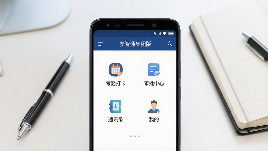 һ��չʾ����ͨ���Ű�App�ֻ��������ͼƬ������������һ��������׿�ֻ�����Ļ����ʾ����ͨ���Ű����ҳ������������ɫ���������м��С����ڴ򿨡����������ġ���ͨѶ¼�����ҵġ��ĸ�����ͼ�꣬ͼ���·������ı�ǩ���ֻ������Ǽ��İ칫���棬�Ա߷���һ֧�ʺ�һ���ʼǱ���������ִ���ƽ����ƣ�ϸ�ڸɾ��������������޶���Ԫ�أ������ұ���