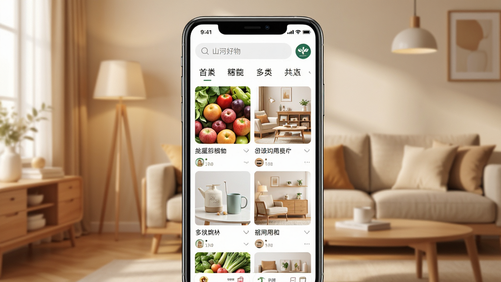 һ��չʾ��ɽ�Ӻ��App���Ľ�����ֻ���Ļ��ͼ�������������ֻ�����Ļ����ʾ�ž�ѡ��Ʒ�ٲ������������������ͷ����ǩ����ƷͼƬ������������ˮ�����Ҿ����õȷ�������������ܰ��ůɫ���Ӽһ���������ִ���Լ�����ʸɾ��������޶������ֺ�Ԫ��