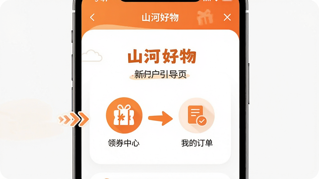 һ��չʾ��ɽ�Ӻ��App���û�����ҳ��ͼƬ�������������ֻ���Ļ����Ļ����ʾ�ż����������裬�м�ͷָ����ȯ���ġ��͡��ҵĶ�����ͼ�꣬������ɫ�Գ�ɫ�Ͱ�ɫΪ�������������ã����ʸɾ����޶���Ԫ��