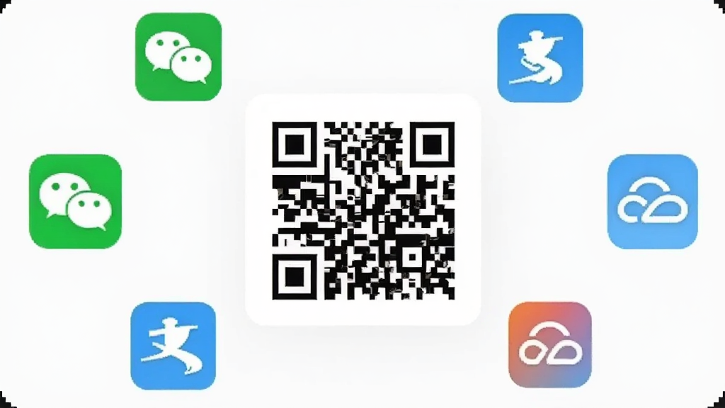 我连商家 聚合收款二维码展示界面 手机屏幕显示一个二维码 周围环绕微信支付宝云闪付图标 简洁白色背景 扁平化设计 干净画质 无多余元素