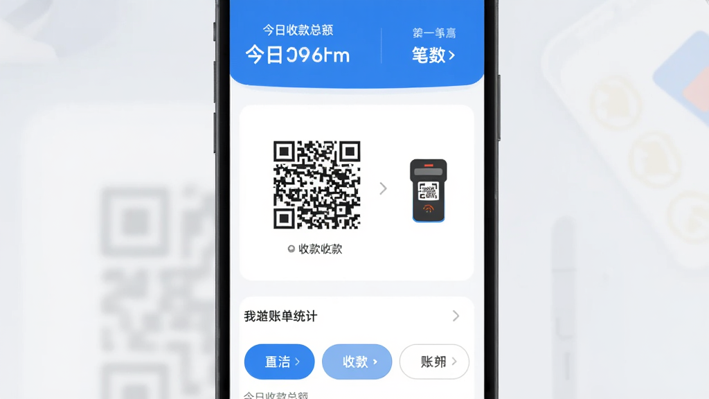 我连商家 手机收款应用主界面 蓝白配色 顶部显示今日收款总额和笔数 中间有收款二维码和扫码枪图标 底部账单统计我的三个选项卡 布局清晰 现代扁平风格 圆润细节 干净画质 无多余元素