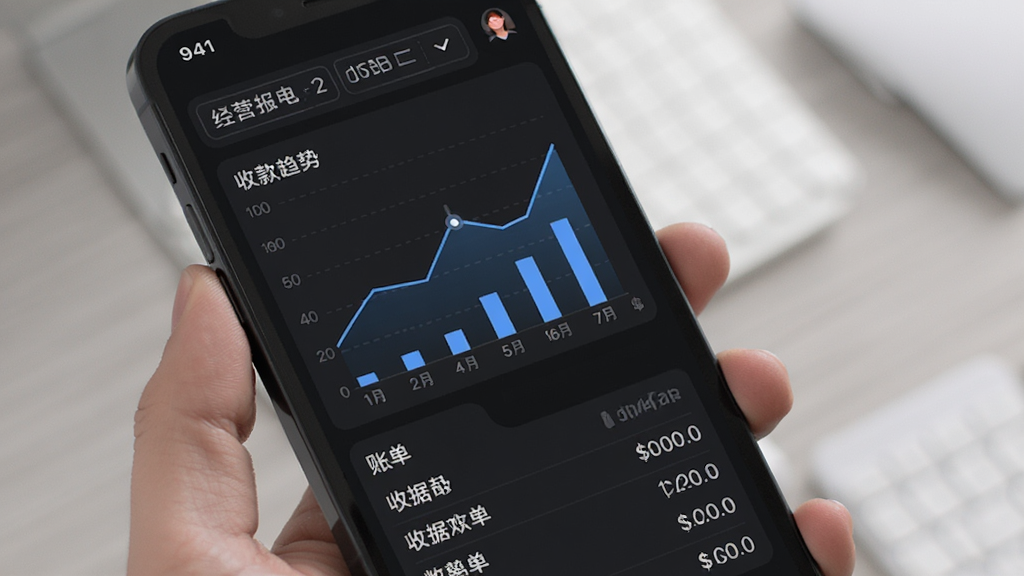 我连商家 经营数据报表页面 手机屏幕显示折线图和柱状图 顶部有日期筛选 中间展示收款趋势 底部有账单列表 深色模式 数据可视化风格 界面整洁 画质清晰 无多余元素