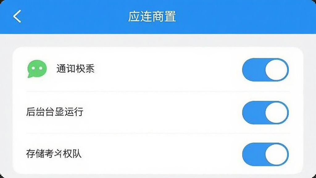 我连商家 应用设置页面 手机屏幕显示权限管理选项 包括通知权限 后台运行 存储权限 开关按钮 扁平化设计 蓝色高亮 界面干净 画质清晰 无多余元素