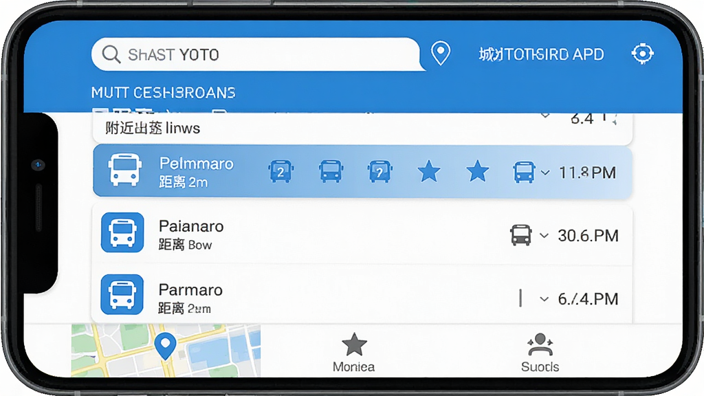 һ���ֻ���Ļչʾ��﹫��ʵʱ��APP�������棬���涥����ʾ������ͳ��ж�λ���м��Ǹ���������·�б���ÿ����·��ʾ������ͼ�ꡢ����վ����Ԥ�Ƶ���ʱ�䣬�ײ��е�ͼ���ղء��ҵ�����ѡ�����������ˬ��࣬������ɫ����ƽ����ƣ����ʸɾ��������޶���Ԫ��