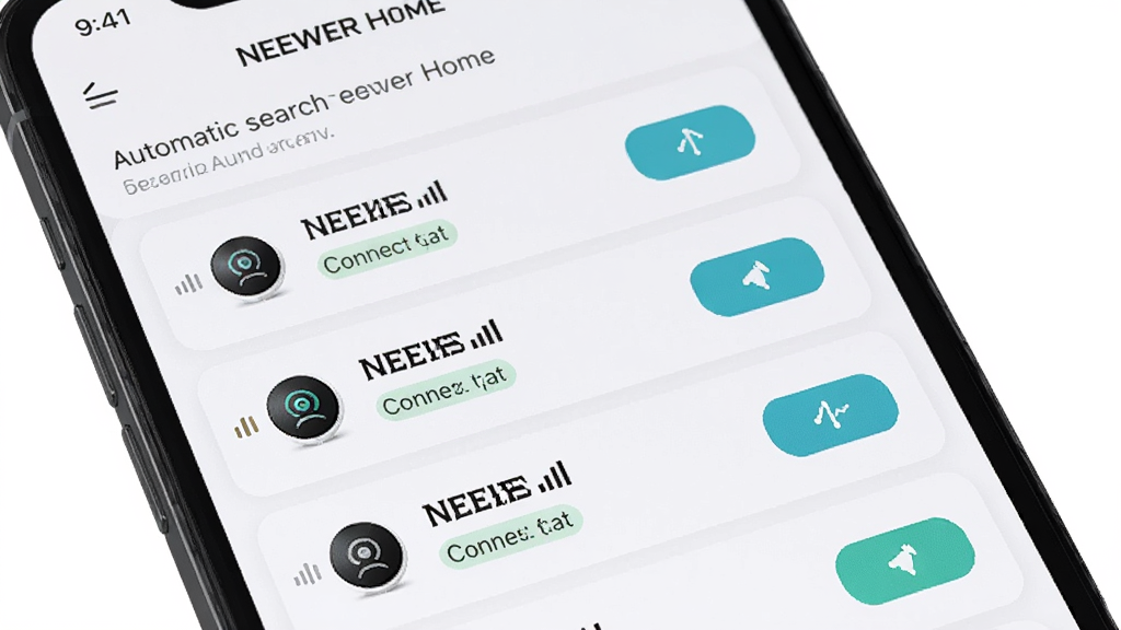 NEEWER Home�豸�Զ����������ӽ��棬�������ֻ���Ļ��д����Ļ����ʾNEEWER HomeӦ�������Զ����������豸���б��г��ֶ��NEEWER�豸ͼ������ƣ�ÿ���豸�Ա������Ӱ�ť������Ϊ��ֱ�б����У������Ƽ��У�ϸ�ڰ����ź�ǿ��ָʾ������״̬��ǩ�����������ɾ��޶���Ԫ��
