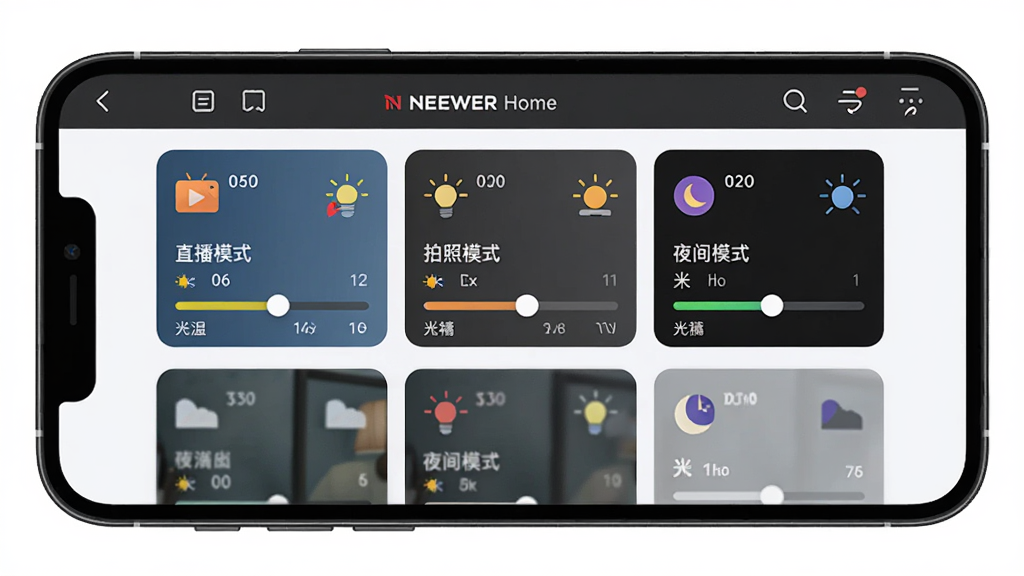 NEEWER Home����ģʽ���ý��棬�������ֻ���Ļ����ʾNEEWER HomeӦ�õĳ���ģʽ�༭ҳ�棬��Ļ�ڰ������������Ƭ��ֱ��ģʽ������ģʽ��ҹ��ģʽ��ÿ����Ƭ�ж�Ӧ�ĵƹ����ͼ�꣬����Ϊ�������У�����ִ���ƽ����ϸ�ڰ���ɫ�»�������ȵ����������ʸɾ��޶���Ԫ��