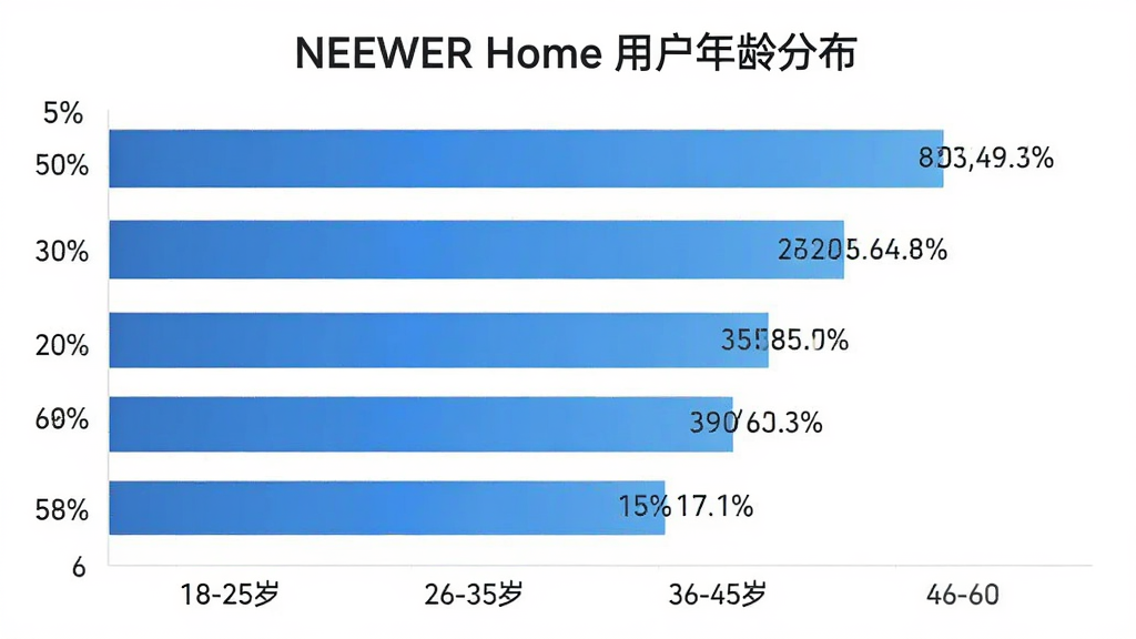 NEEWER Home�û�����ֲ���״ͼ������Ϊ������״ͼչʾ��ͬ������û�ռ�ȣ������ע�����18-25�ꡢ26-35�ꡢ36-45�ꡢ46-60�꣬�����ע�ٷֱȣ���״ͼ��ɫΪ��ɫ���䣬�����б���NEEWER Home�û�����ֲ������ּ������������ִ����ݿ��ӻ���ϸ�ڰ���ÿ�������Աߵİٷֱ����֣����ʸɾ��޶���Ԫ��