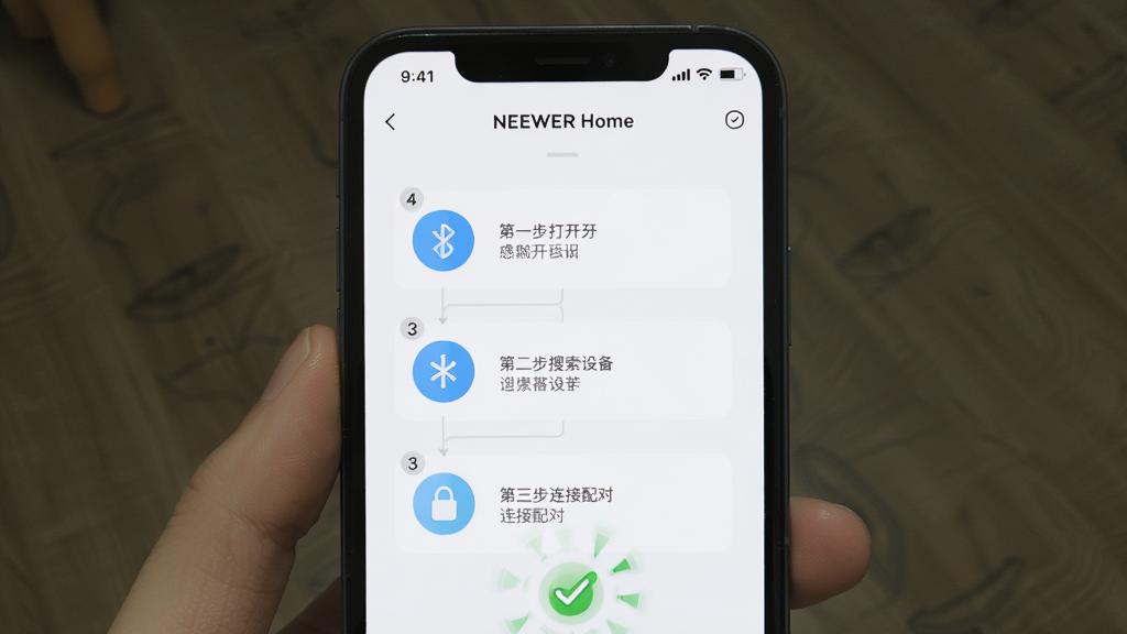 NEEWER Home���ֲ����������棬�������ֻ���Ļ��ʾNEEWER HomeӦ�õ���������ҳ�棬��Ļ���в���ָʾ���һ�����������ڶ��������豸��������������ԣ�����Ϊ�����������д����ͼ�꣬������¼�Լ��ϸ�ڰ����豸���ӳɹ���ĶԹ����������ʸɾ��޶���Ԫ��