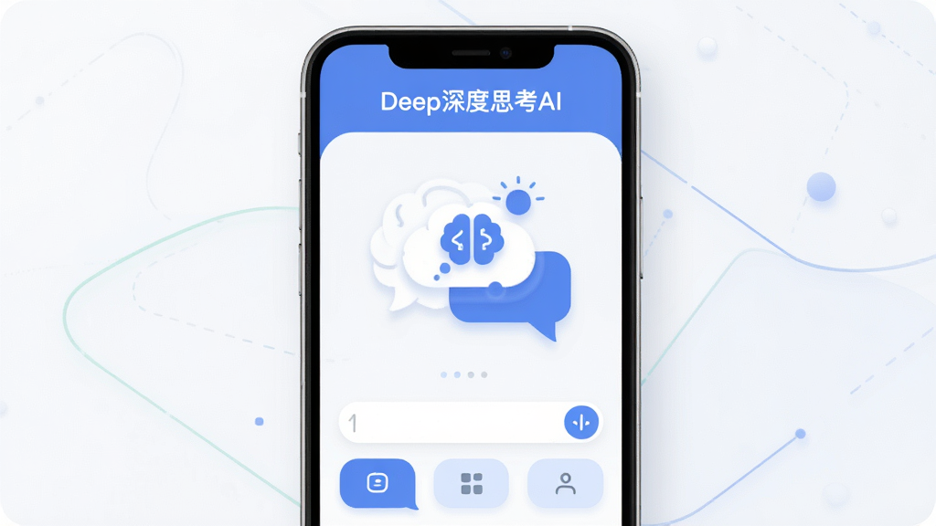 һ��չʾDeep���˼��AI��������ȫò��ͼƬ��������һ���ִ���Լ�����ֻ����棬����Ϊ������ʾ�������ơ�Deep���˼��AI�����м��ǶԻ����ݺ�˼���е�ͼ�꣬�ײ��������͹��ܰ�ť���Ű����������Ϊ��ƽ���Ƽ��У�ϸ��Բ����ͣ����ʸ��壬�����ɾ��޶���Ԫ��