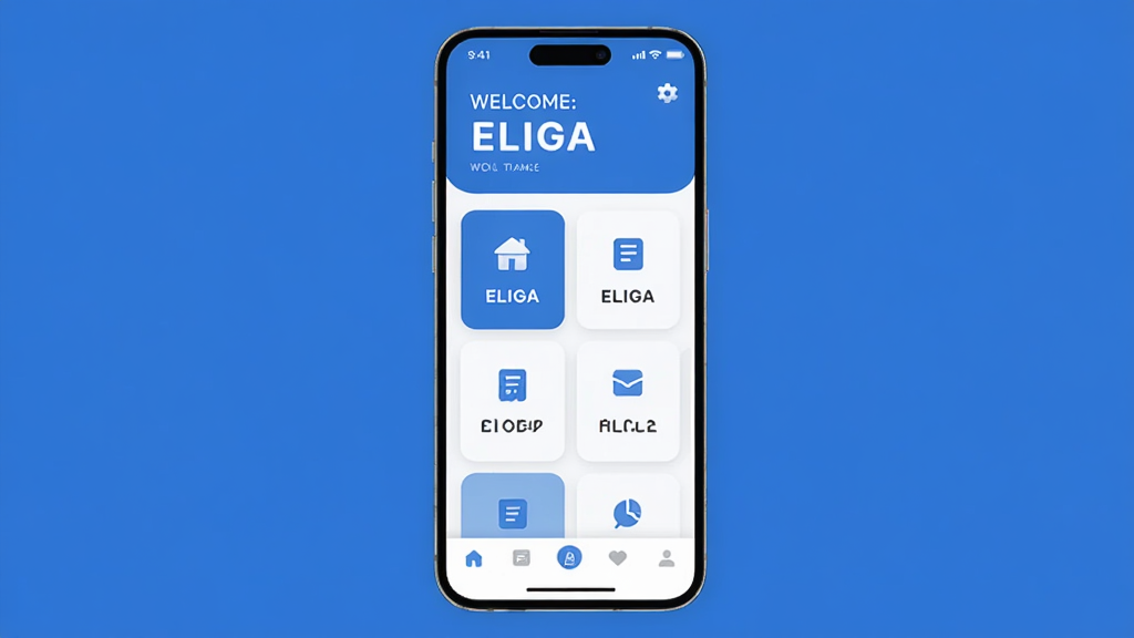 ELIGA �ֻ�Ӧ��������չʾ������Ϊһ���ִ������ֻ�����Ļ����ʾELIGAӦ�ý��棬���ּ�࣬�����л�ӭ��м��ǹ��ܿ�Ƭʽ���У��ײ�Ϊ���������Ű�����������ִ���ƽ������ɫ������Ϊ����ϸ��Բ�󣬻��ʸɾ����޶���Ԫ��