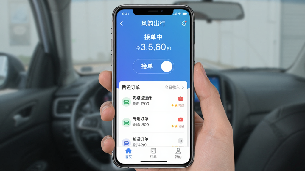 �ֻ���Ļչʾ�����ϳ���˾�����ٰ桱App�����棬��ɫ���䱳����������ʾ���ӵ��С�״̬�ͽ���������м�����Ŀ�Ľӵ����ذ�ť�͸��������б����ײ��С���ҳ�������������ҵġ���������ͼ�꣬���������ִ�����ƽ����ƣ�ϸ�����������ʸɾ��޶���Ԫ��