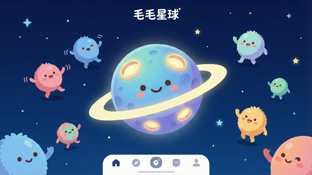 һ��չʾ��ëë����Ӧ��������Ĳ廭������������һ��Բ��ɰ��Ŀ�ͨ��������������ɫ�ǿձ����У���������з���Ļ���ɽ��΢Ц���飬��ΧƯ���Ÿ��ֲ�ɫ��Сë���ɫ�������е��������е������֣����沼�ֲ��õײ���������ƣ�������ʾ��ëë����Logo��������ƫ������ϵ��ƽ�廭��ɫ��������ͣ����ʸɾ��������޶���Ԫ��