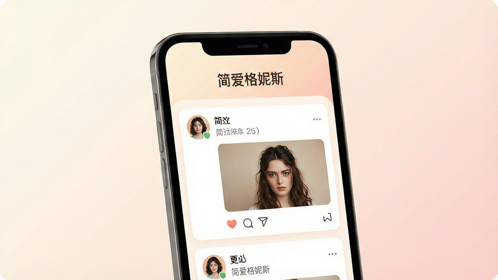 һ��չʾ���򰮸���˹��App���Ľ�����ֻ�ģ��ͼ���ֻ���Ļ��ʾ����ůɫ���罻��Ϣ���������С��򰮸���˹�����ֱ�ʶ��ҳ�������û�ͷ��Ͷ�̬��Ƭ����������͵��װ�ɫ�͵���ɫ���䣬�����ܰ�ִ����������������ʸɾ����޶���Ԫ��