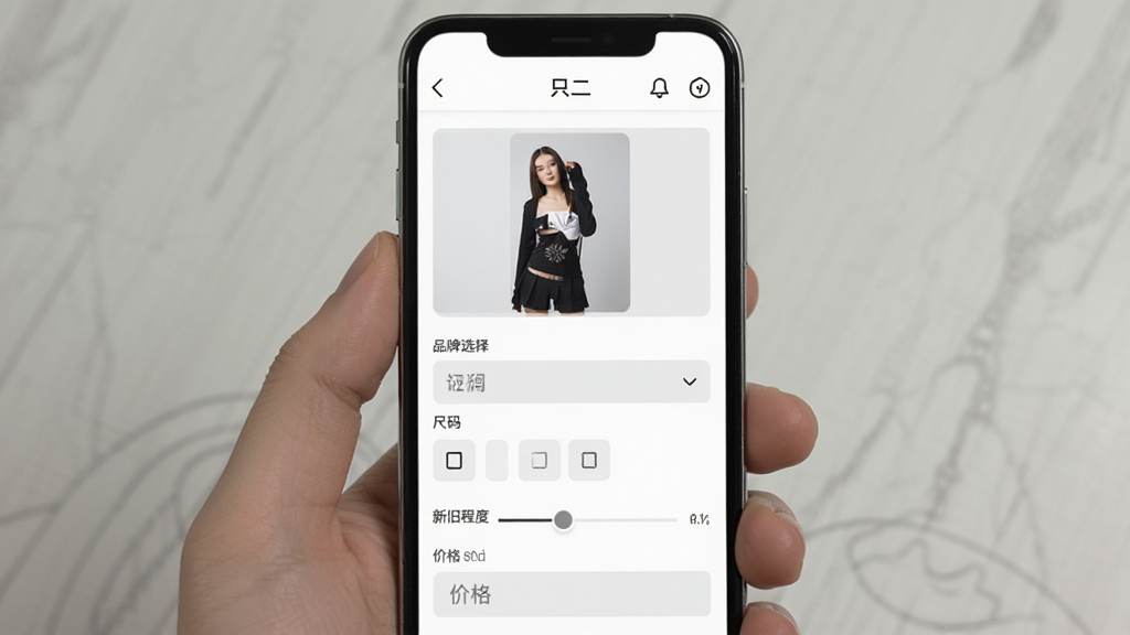 ֻ��Appʹ�ò������棬����չʾ�ֻ���Ļ�ϵ�ֻ��App������Ʒҳ�棬ҳ��������Ƭ�ϴ�����Ʒ��ѡ�������򡢳���ѡ��¾ɳ̶Ȼ������ͼ۸�����򣬽�����Ƽ�����ˣ���ɫ������ǳ��ɫ�����Ʒ�����ơ�ֻ������ʾ�ڶ��������������岼�����������ʸɾ����޶���Ԫ��
