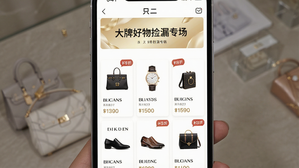 ֻ�����ƺ����©ר��ҳ�棬����չʾ�ֻ���Ļ�ϵ�ֻ��App�ҳ�棬ҳ�涥�����д�š����ƺ����©ר�������·����������е��ݳ�Ʒ��Ʒ�������������ֱ���Ь�Ӻ����Σ�ÿ����Ʒ����Ʒ��Logo����ƷͼƬ���۸���ۿ۱�ǩ��������ɫ�԰�ɫ��ǳ��ɫΪ����������ݸ߼����������룬���ʸɾ��������޶���Ԫ��