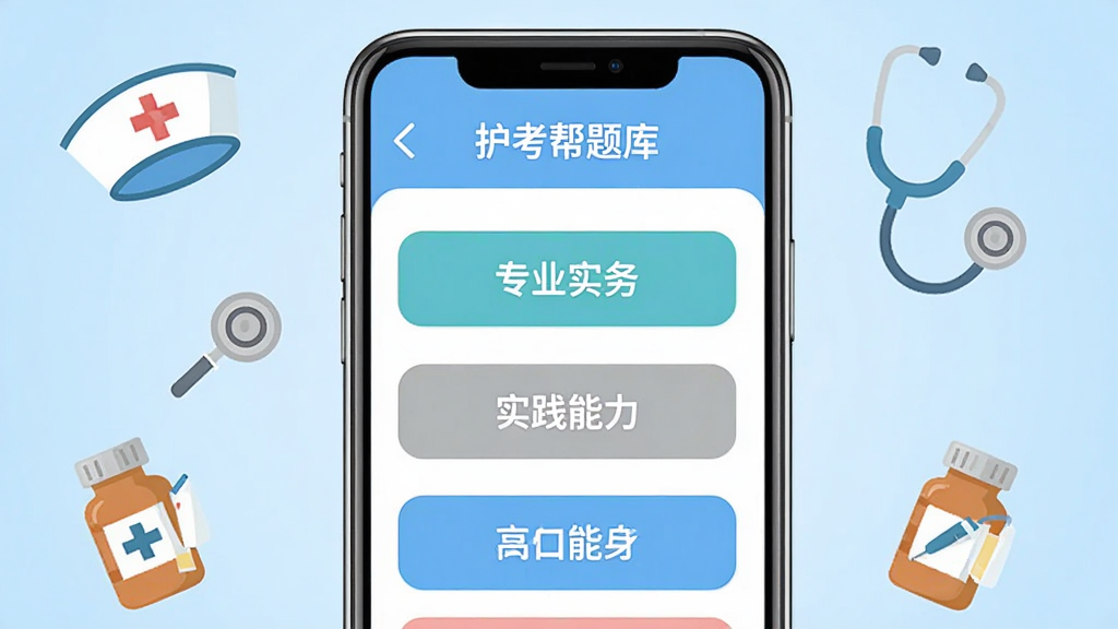 ���������App������չʾ���ֻ���Ļ���У���Ļ����ʾ��ʿ�ʸ����������б���������רҵʵ�񡱡�ʵ���������Ȱ�ť������Ϊǳ��ɫ���䣬��ΧƯ���Ż�ʿñ����������ҩƿ�ȿ�ͨҽ��Ԫ�أ�������±�ƽ�����ʸɾ��޶���Ԫ��