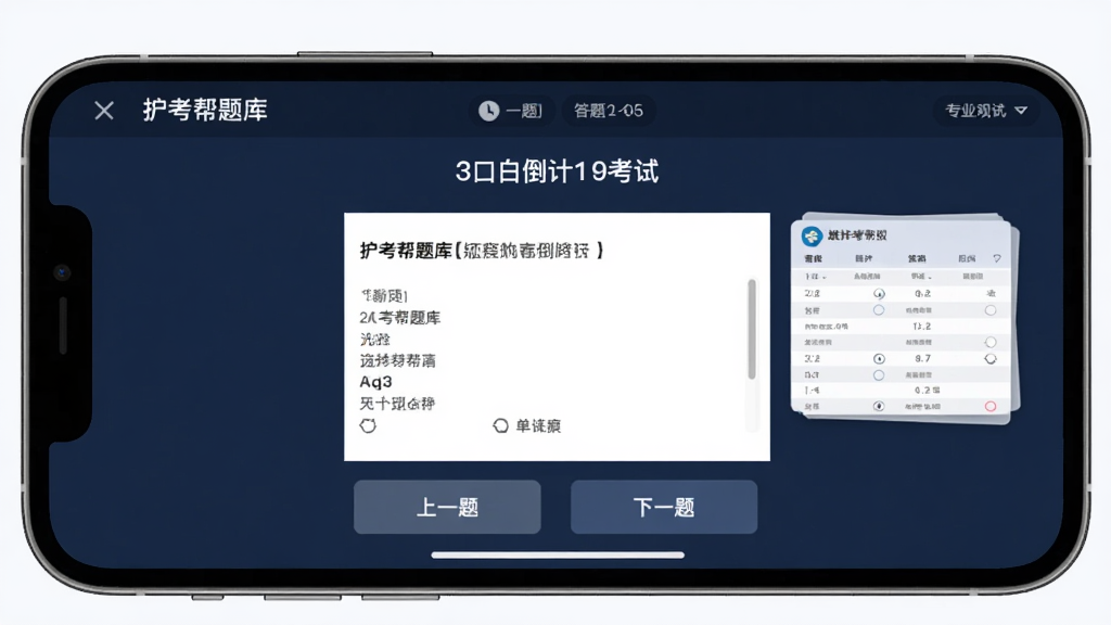 ���������ģ�⿼�Խ��棬�ֻ�������ʾ���Ե���ʱ�ʹ��⿨����Ļ������һ����ѡ�⣬�ײ��С���һ�⡱����һ�⡱��ť������Ϊ����ɫ����ģʽ���������רҵ�����ʸɾ��޶���Ԫ��