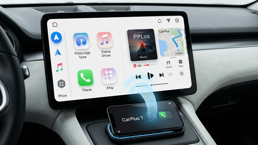 һ��չʾCarPlus���������ȫò�ĳ���ͼ������������һ���ִ������ļ�ʻ���ڲ����пش�����������ʾ��CarPlus������������棬����������������еĵ��������֡��绰��Ӧ���ĸ�ͼ�꣬�Ҳ��ǵ�ǰ���ŵ�����ר������͵���·������ͼ���ֻ��������߳����ϣ���Ļ��ʾ������CarPlus�����棬������Ļ���ֻ���Ļ֮���е���ɫ�����ӹ�Ч�����岼�����࣬���ƫ��Ƽ�����ʵ�����壬ϸ���Ͻ���Բ�Ǵ�����ͼ���ƽ�����������������ʸ��壬�ɾ��޶���Ԫ��