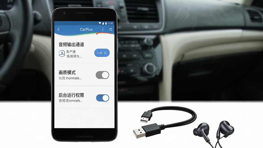 CarPlus�����氲װ���ý���ʾ��ͼ������չʾһ����׿�ֻ���ʾCarPlus�������Ӧ������ҳ�棬ҳ��������Ƶ���ͨ��ѡ�񡢻���ģʽ�л�����̨����Ȩ�޿��ص�ѡ�ÿ��ѡ���Ա��м���˵�����֣��ֻ��Ա߷���һ��USB�����ߺ�һ�����������������������п�̨���黯���棬���ʵ�õ���ϸ���Ͻ���������������ťԲ�󣬻��ʸɾ��޶���Ԫ��
