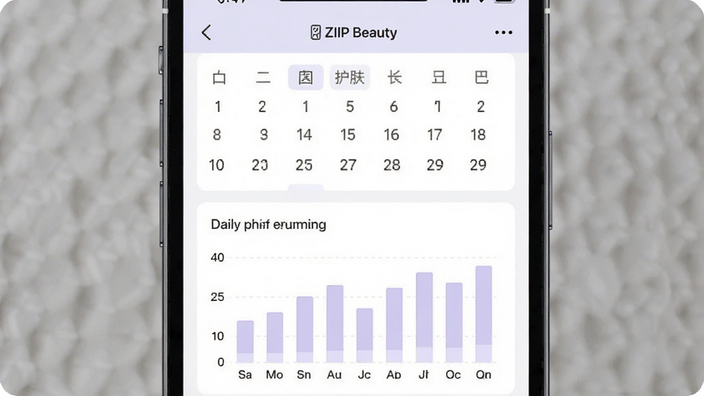 ZIIP Beauty Ӧ��ʹ�ü�¼ҳ�棬�ֻ���Ļ��ʾ������ͼ����״ͼ����¼ÿ�ջ���ʱ���������԰�ɫ�͵���ɫΪ����ͼ������������࣬���ʸɾ����޶���Ԫ��