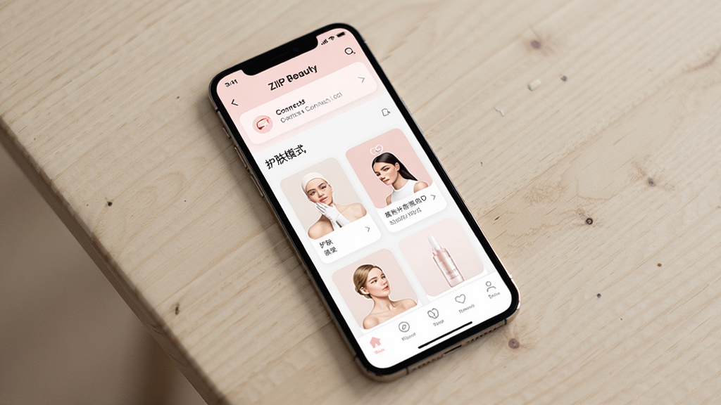 ZIIP Beauty Ӧ��������ȫò��һ���ֻ�����ǳɫ�����ϣ���Ļ��ʾ ZIIP Beauty Ӧ����ҳ���������豸����״̬���м��ǻ���ģʽѡ��Ƭ���ײ������������������԰�ɫ�͵���ɫΪ��ɫ��������ִ���Լ�����ʸɾ����壬�޶���Ԫ��