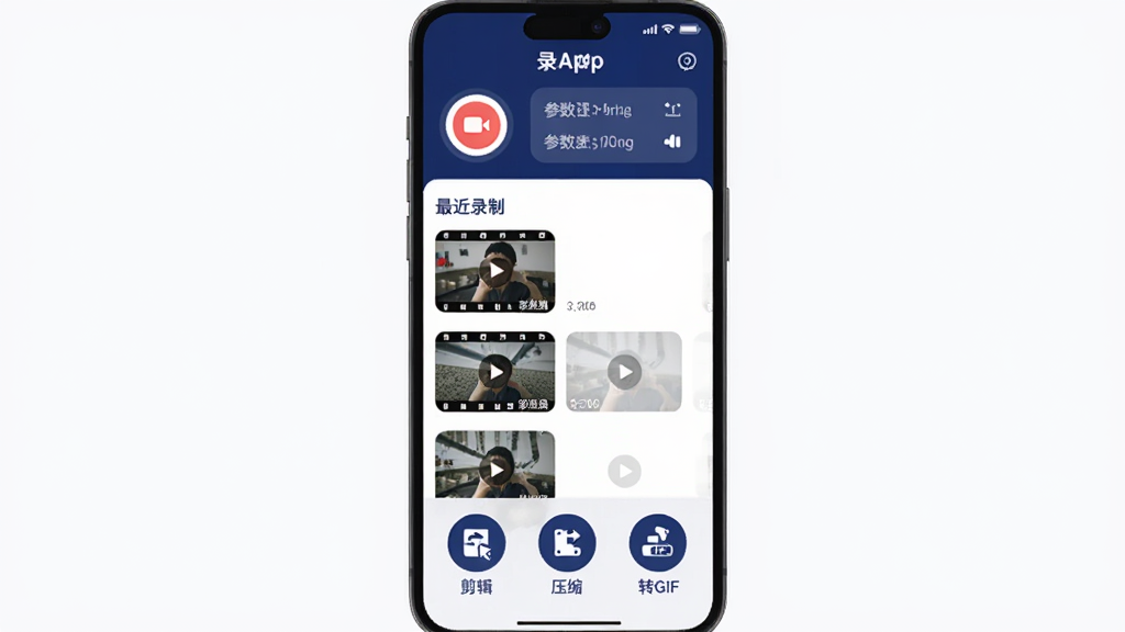 �ֻ���Ļ����չʾ¼��App�����棬�Ϸ���¼����ť�Ͳ������������м������¼����Ƶ������ͼ�б����·��Ǽ�����ѹ����תGIF������ڣ������������Ͱ�ɫΪ��ɫ����ͼ���ƽԲ�󣬱����ɾ����࣬���������������޶���װ��Ԫ��